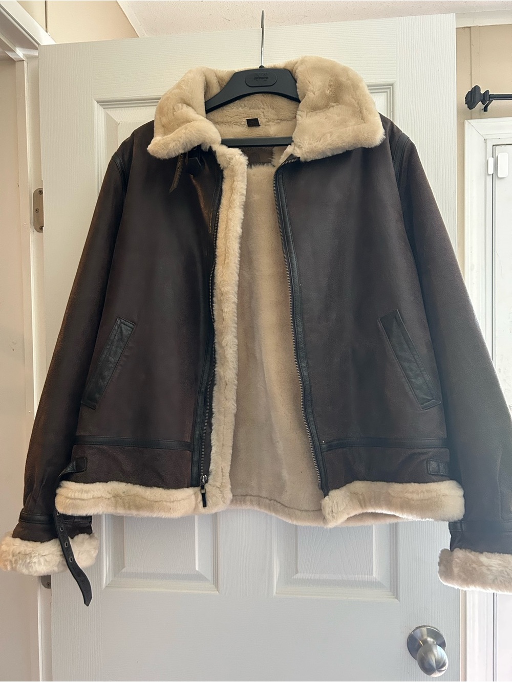 Shearling Lined Leather Jacket - Brown with Cream Fur